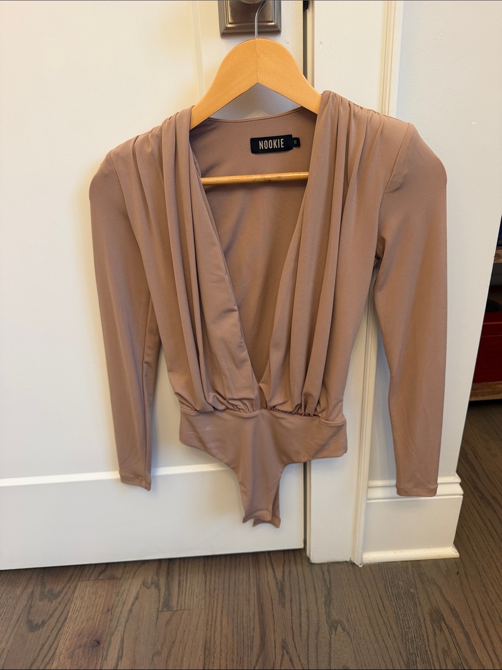 Nookie Taupe Draped Plunge Long-Sleeve Bodysuit